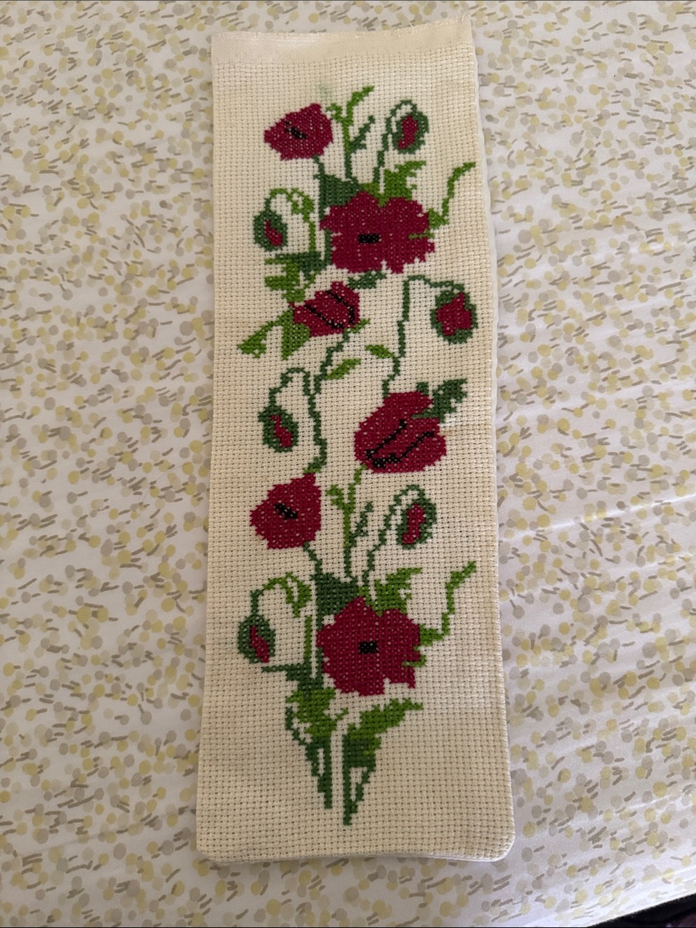 Handmade Red Floral Cross-Stitch Wall Hanging